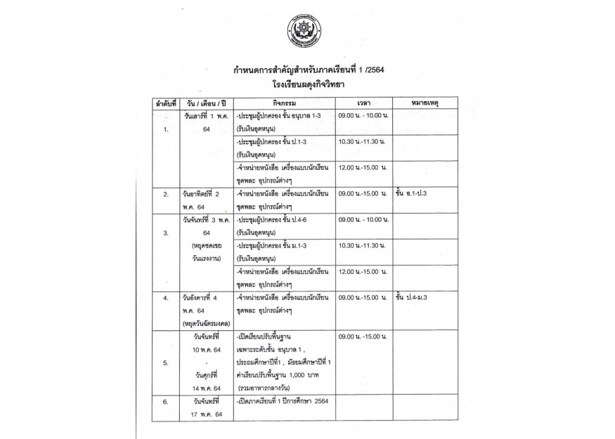 กำหนดการสำหรับภาคเรียนที่ 1 ปีการศึกษา 2564 ของโรงเรียนผดุงกิจวิทยา