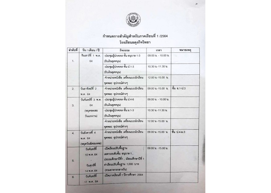 กำหนดการสำคัญสำหรับภาคเรียที่ 1/2564