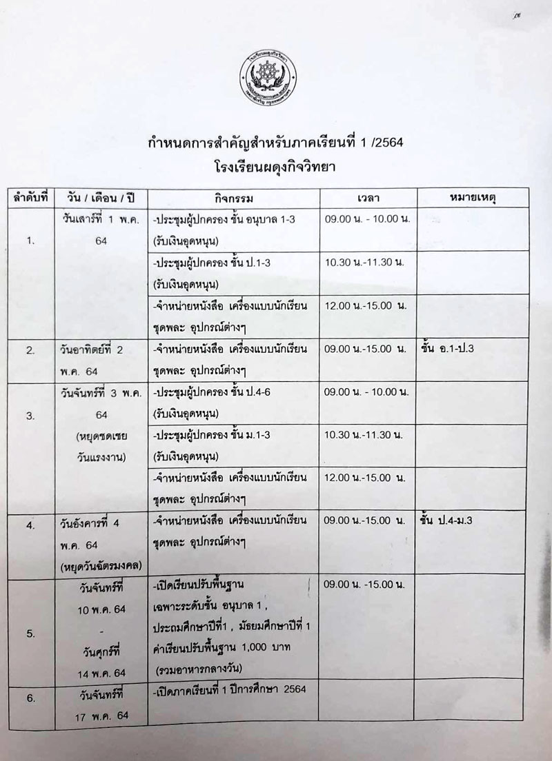 กำหนดการสำคัญสำหรับภาคเรียที่ 1/2564